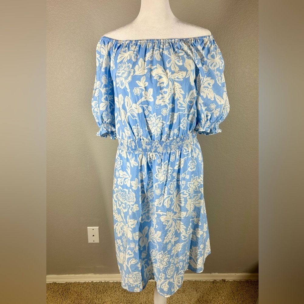 Ann Taylor Off The Shoulder Puff Sleeves Blue & White Floral Summer Dress Size L - Picture 8 of 10